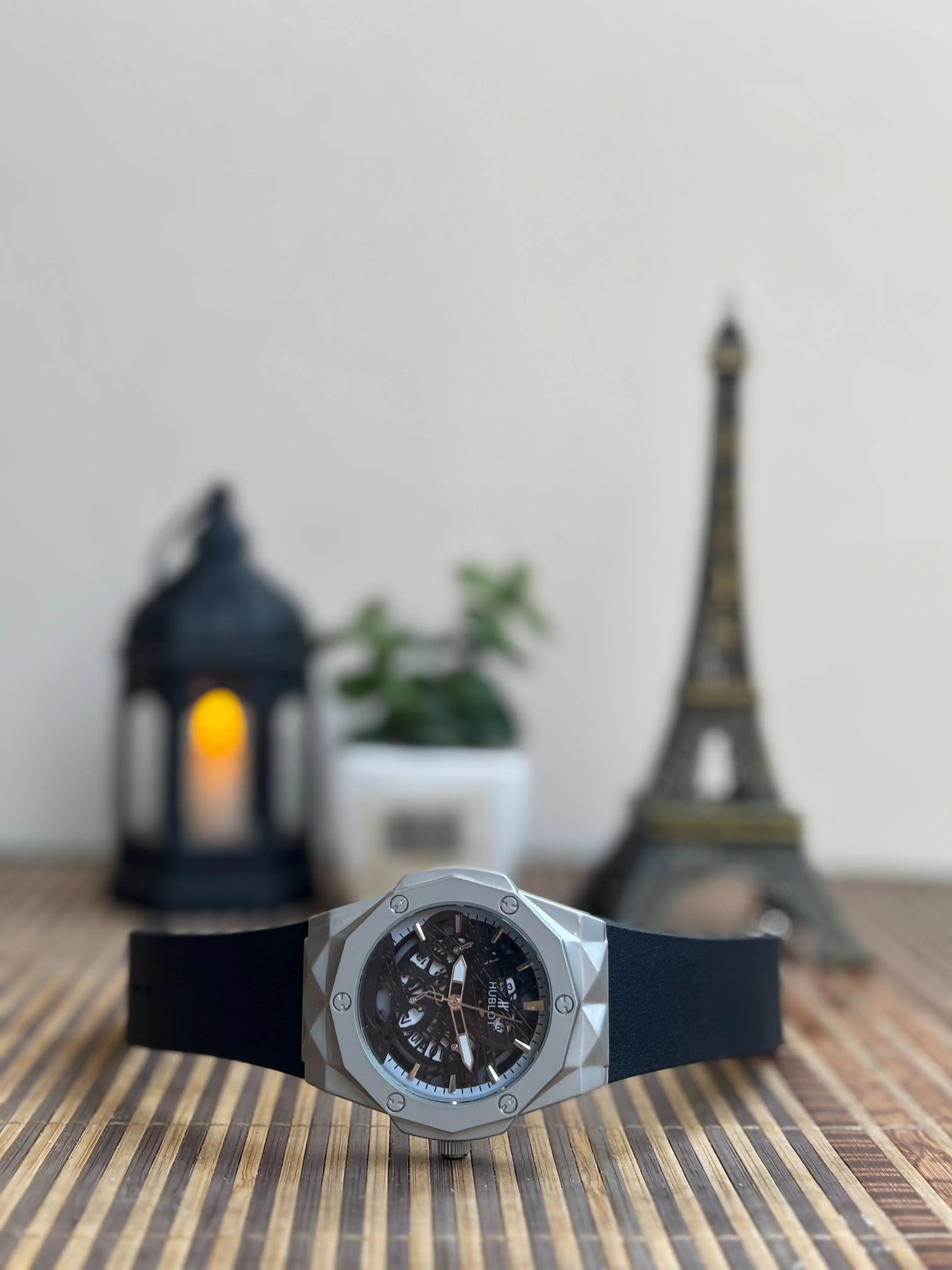 Skeleton-Style Men’s Watch – Black Dial, Silver Case, Rubber Strap My Store