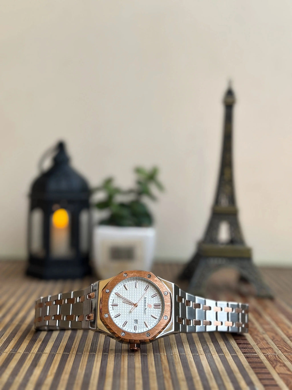 Royal Oak-Style Men’s Watch – White Dial, Rose-Gold Bezel, Steel Bracelet Wristox